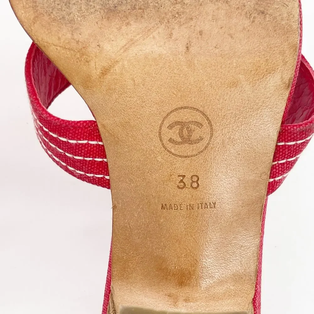 Chanel Vintage Red Canvas CC Nautical Cross Strap Slide Mule Sandal Heels EU 38